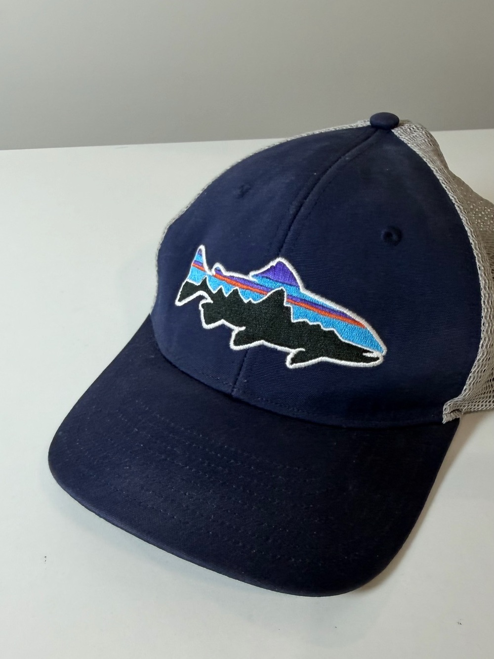 Patagonia Navy Blue Trucker Hat with Colorful Fish Patch